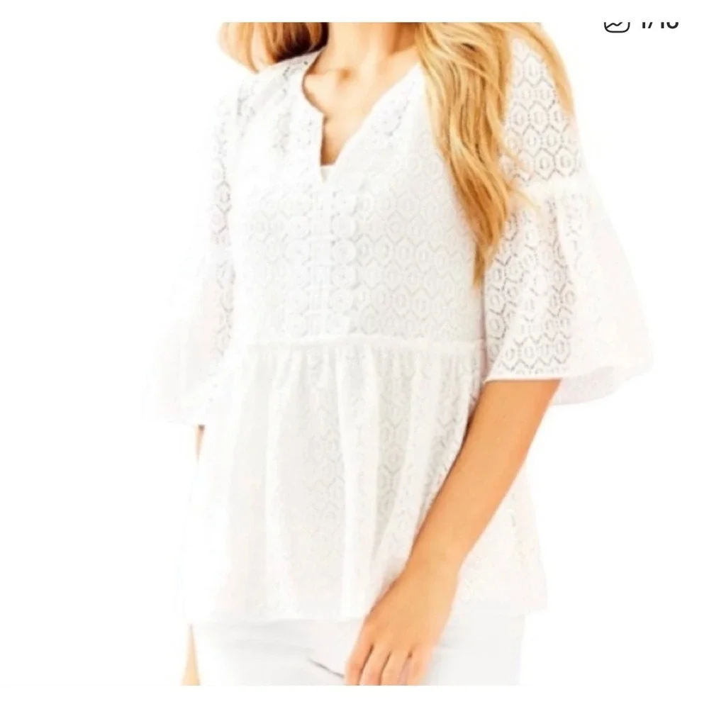 Lilly Pulitzer White Diamond Geo Lace Inez Eyelet Peplum Boho Blouse Top Sz XXS